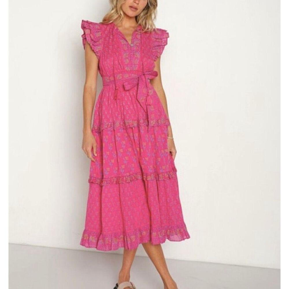 Cleobella Kenzie pink floral ruffled tiered tassel tie midi dress xs